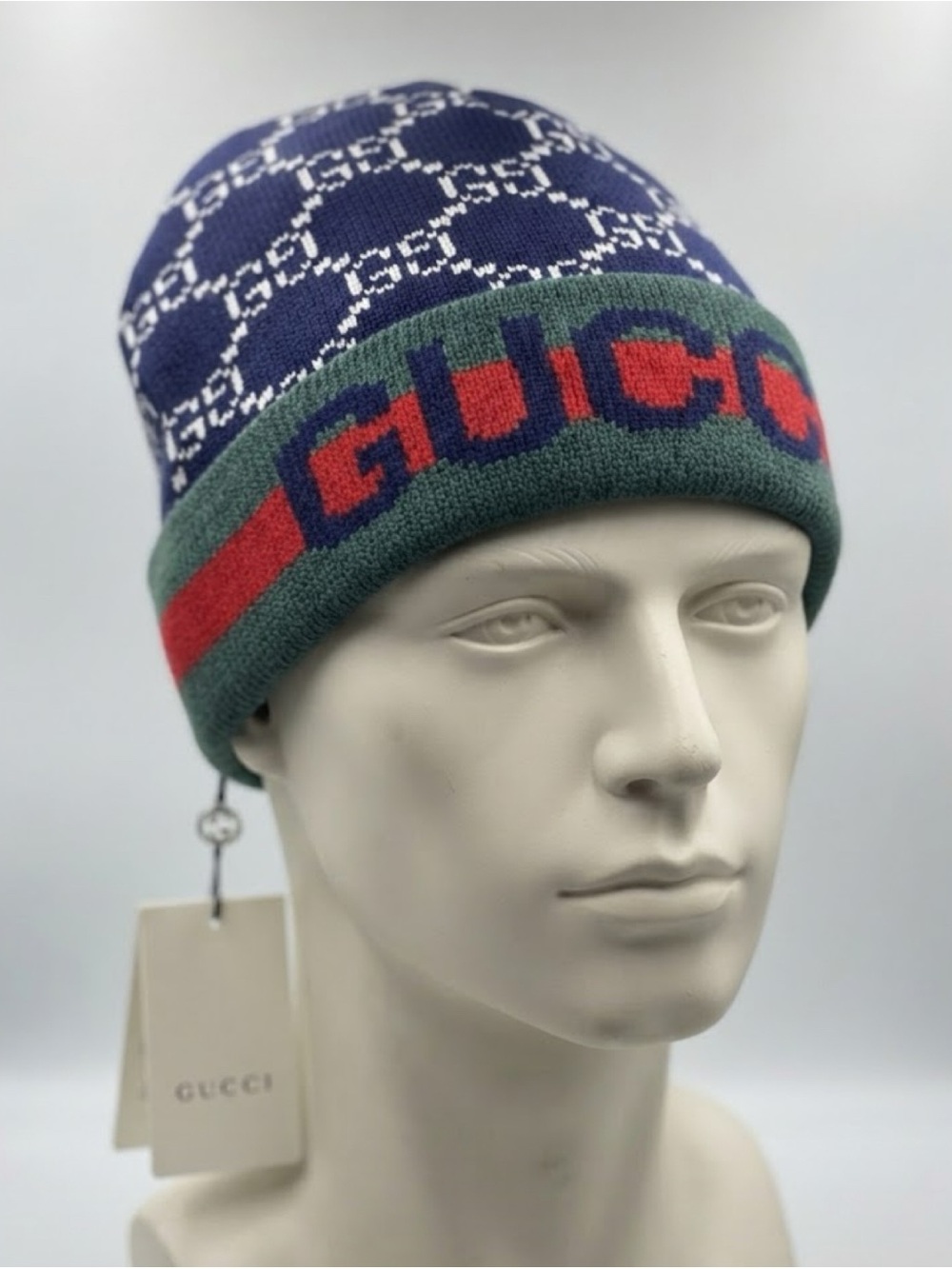 Brand New ! Men’s Navy, Green & Red GG Logo Knit Beanie